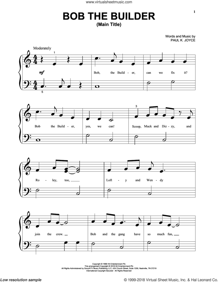 Bob The Builder (Main Title) sheet music for piano solo by Paul K. Joyce, beginner skill level