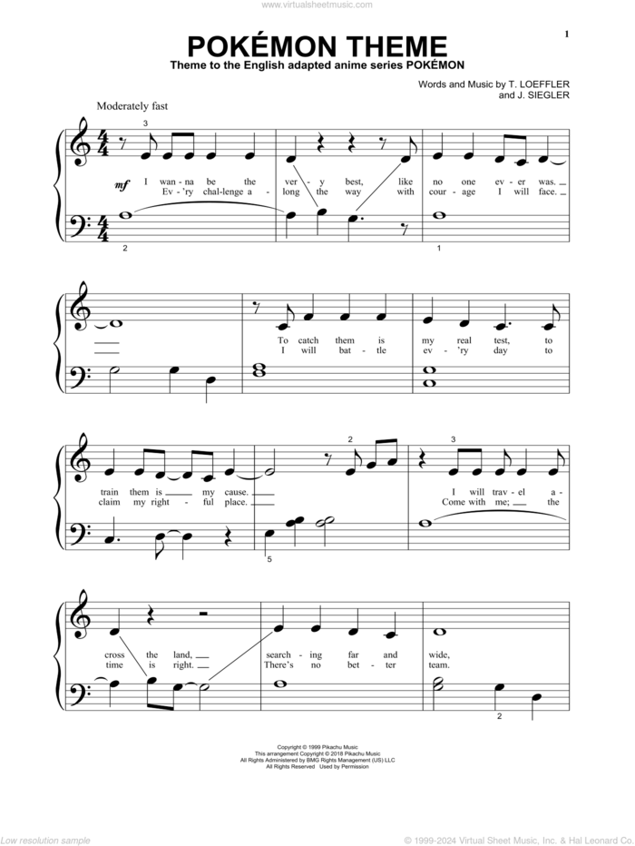 Pokemon Theme sheet music for piano solo by J. Siegler and T. Loeffler, beginner skill level