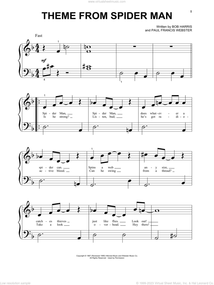 Theme From Spider-Man, (beginner) sheet music for piano solo by Paul Francis Webster and Bob Harris, beginner skill level