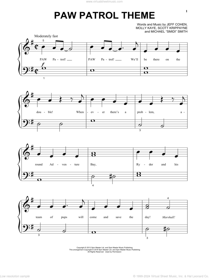 PAW Patrol Theme sheet music for piano solo by Michael 'Smidi' Smith, Jeff Cohen, Molly Kaye and Scott Krippayne, beginner skill level