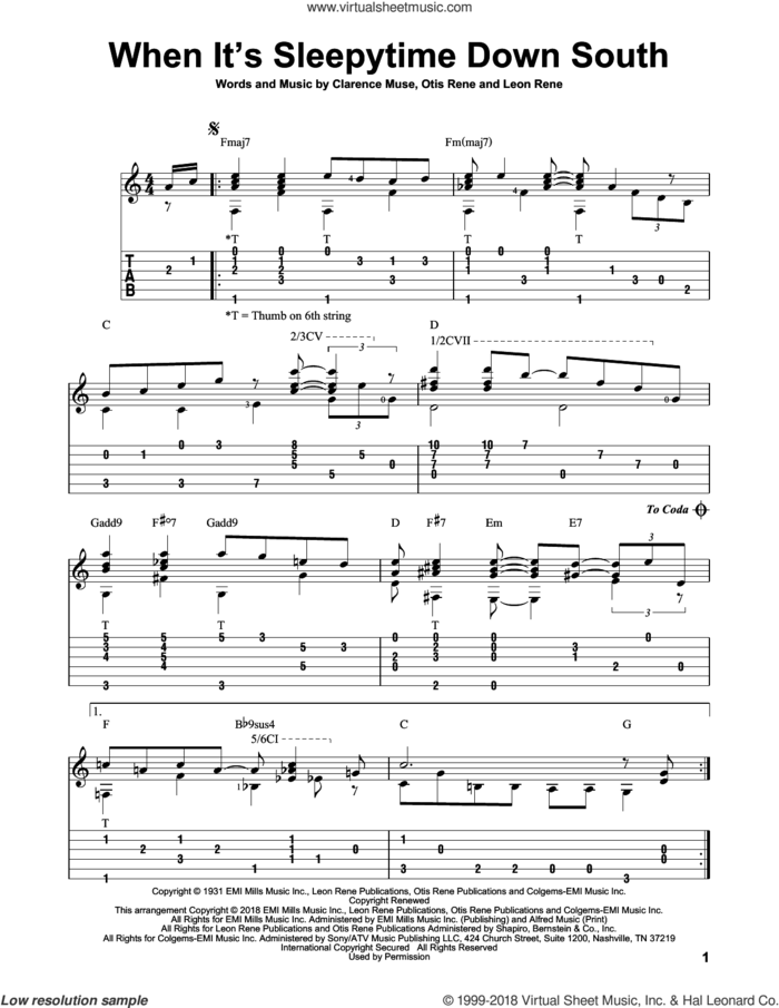 When It's Sleepy Time Down South sheet music for guitar solo by Louis Armstrong, Clarence Muse, Leon Rene, Leon Rene and Otis Rene, intermediate skill level