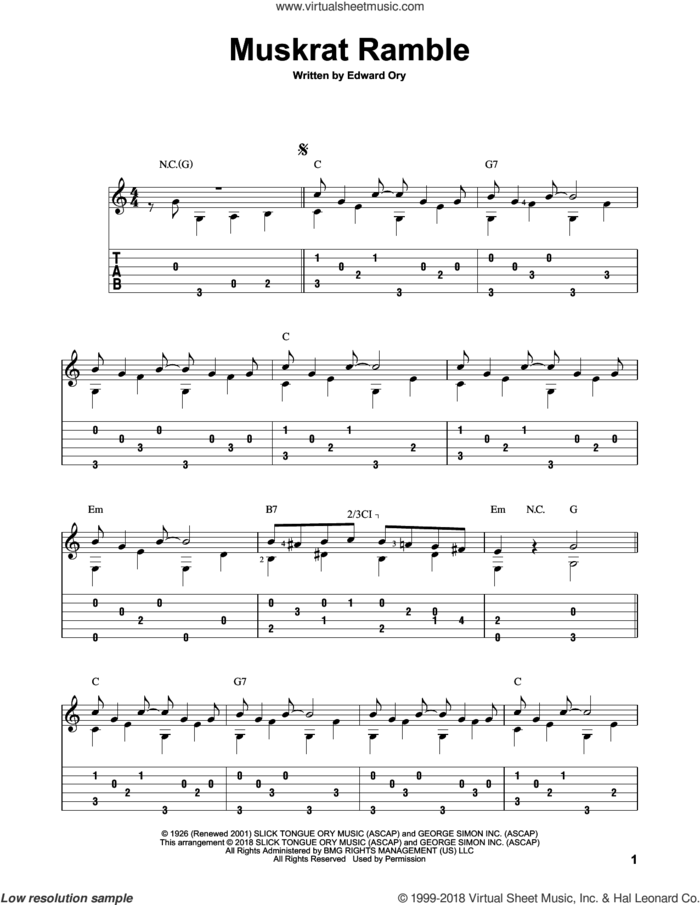 Muskrat Ramble sheet music for guitar solo by Louis Armstrong and Edward 'Kid' Ory, intermediate skill level