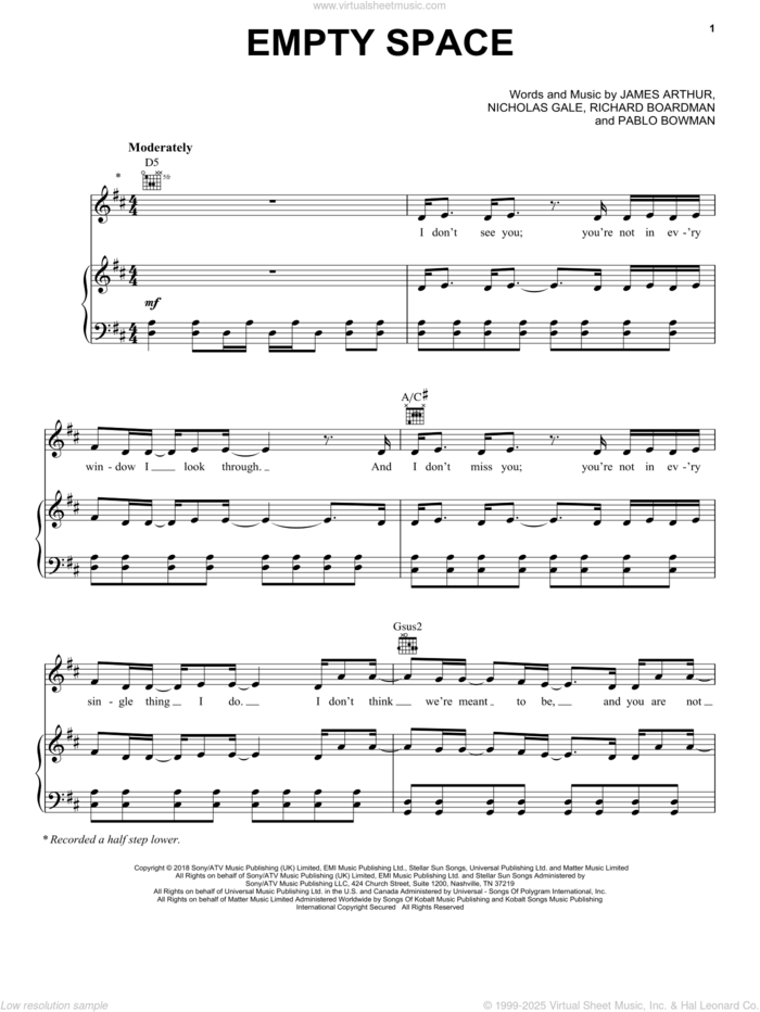 Empty Space sheet music for voice, piano or guitar by James Arthur, Nicholas Gale, Pablo Bowman and Richard Boardman, intermediate skill level