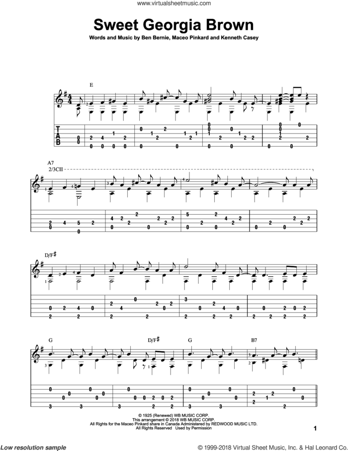 Sweet Georgia Brown sheet music for guitar solo by Count Basie, Ben Bernie, Kenneth Casey and Maceo Pinkard, intermediate skill level