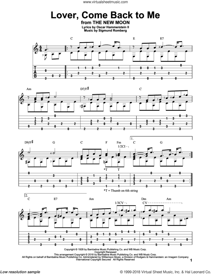 Lover, Come Back To Me sheet music for guitar solo by Oscar II Hammerstein and Sigmund Romberg, intermediate skill level