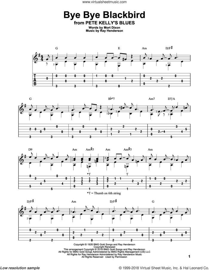Bye Bye Blackbird sheet music for guitar solo by Ray Henderson and Mort Dixon, intermediate skill level