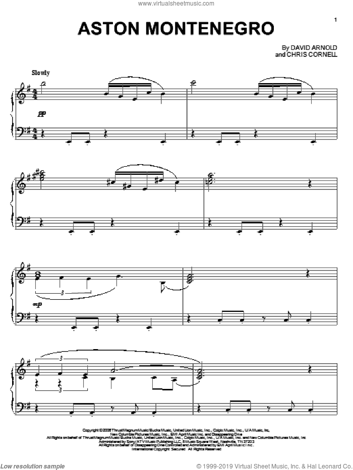Aston Montenegro sheet music for piano solo by David Arnold, Casino Royale (Movie) and Chris Cornell, intermediate skill level