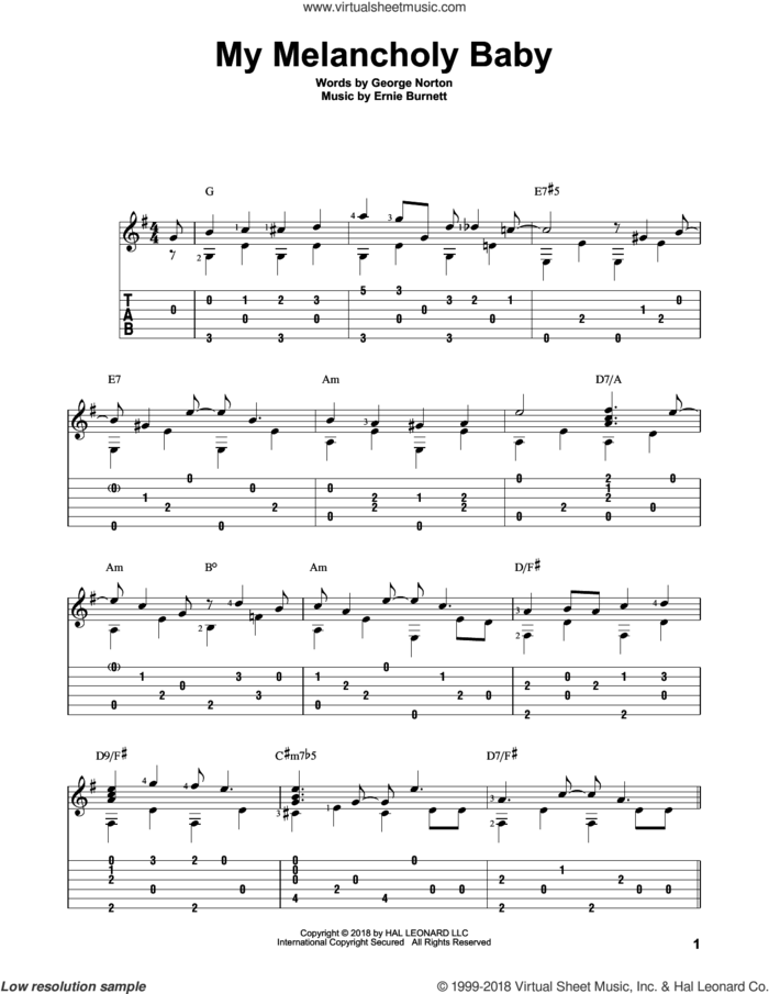 My Melancholy Baby sheet music for guitar solo by George A. Norton and Ernie Burnett, intermediate skill level