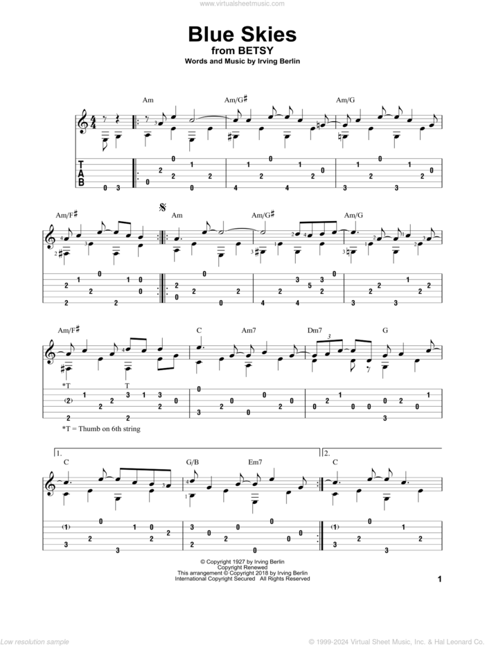 Blue Skies sheet music for guitar solo by Irving Berlin, intermediate skill level