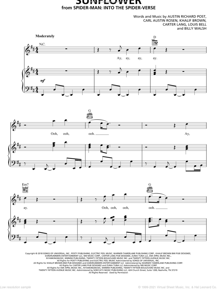 Sunflower (from Spider-Man: Into The Spider-Verse) sheet music for voice, piano or guitar by Post Malone & Swae Lee, Austin Richard Post, Billy Walsh, Carter Lang, Louis Bell and Swae Lee, intermediate skill level