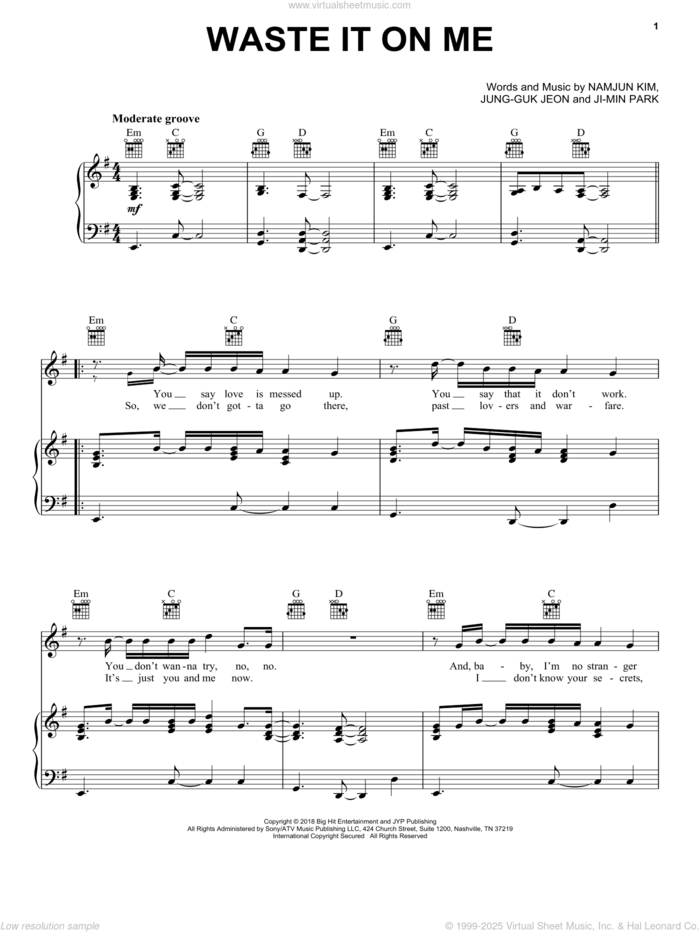 Waste It On Me (feat. BTS) sheet music for voice, piano or guitar by Steve Aoki, Ji-min Park, Jung-guk Jeon and Namjun Kim, intermediate skill level