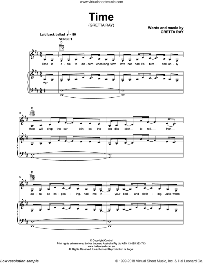 Time sheet music for voice, piano or guitar by Gretta Ray, intermediate skill level