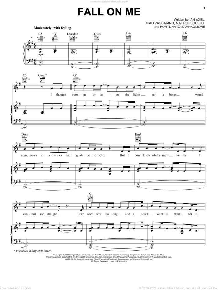 Fall On Me (from The Nutcracker and the Four Realms) sheet music for voice, piano or guitar by Andrea Bocelli & Matteo Bocelli, Andrea & Matteo Bocelli, Chad Vaccarino, Fortunato Zampaglione, Ian Axel and Matteo Bocelli, intermediate skill level