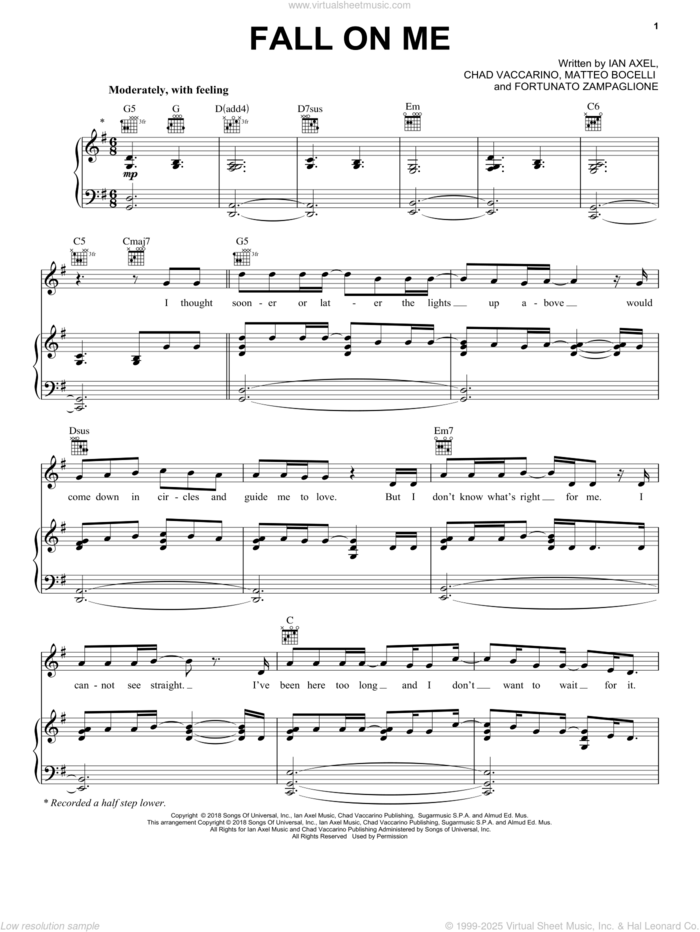 Fall On Me (from The Nutcracker and the Four Realms) sheet music for voice, piano or guitar by Andrea Bocelli & Matteo Bocelli, Andrea & Matteo Bocelli, Chad Vaccarino, Fortunato Zampaglione, Ian Axel and Matteo Bocelli, intermediate skill level