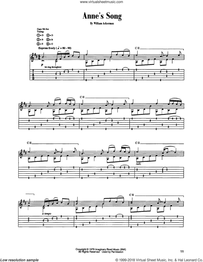 Anne's Song sheet music for guitar (tablature) by Will Ackerman and William Ackerman, intermediate skill level