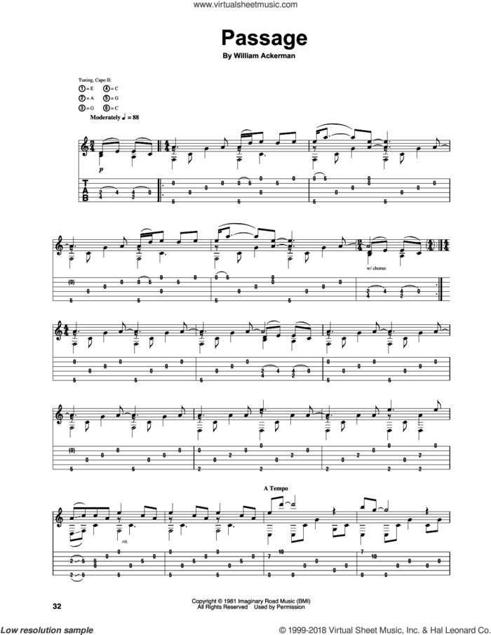 Passage sheet music for guitar (tablature) by Will Ackerman and William Ackerman, intermediate skill level