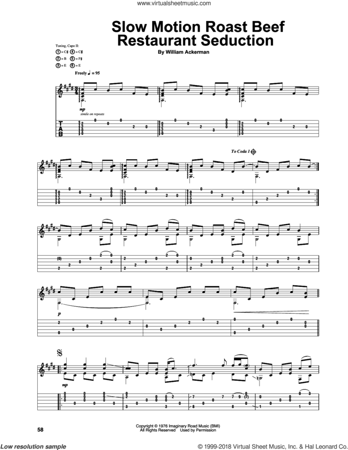 Slow Motion Roast Beef Restaurant Seduction sheet music for guitar (tablature) by Will Ackerman and William Ackerman, intermediate skill level