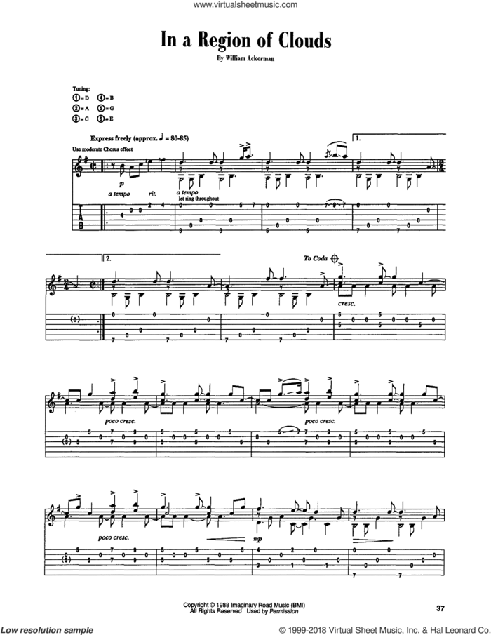 In A Region Of Clouds sheet music for guitar (tablature) by Will Ackerman and William Ackerman, intermediate skill level