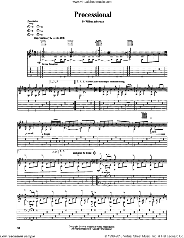 Processional sheet music for guitar (tablature) by Will Ackerman and William Ackerman, intermediate skill level