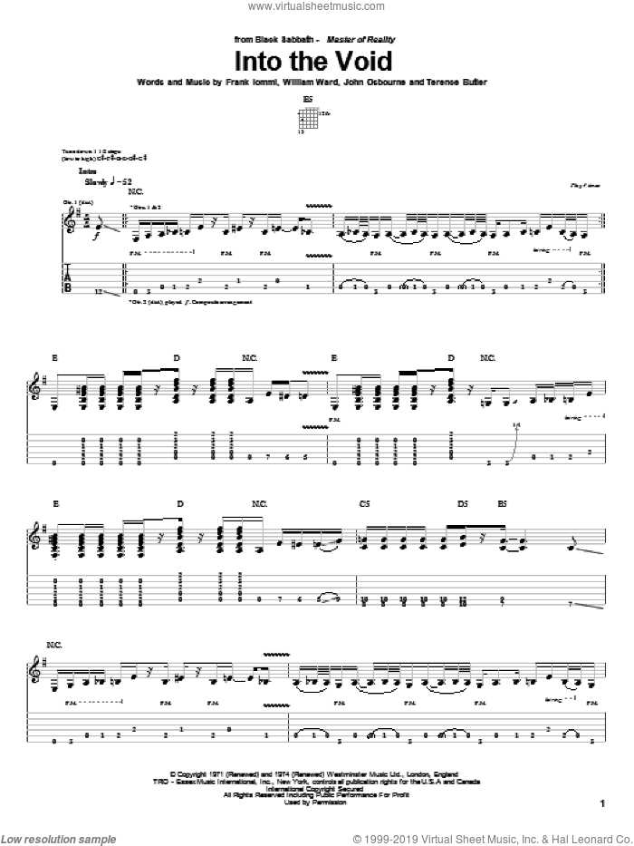 Into The Void sheet music for guitar (tablature) by Black Sabbath, Ozzy Osbourne, Frank Iommi, John Osbourne, Terence Butler and William Ward, intermediate skill level