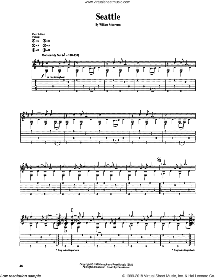 Seattle sheet music for guitar (tablature) by Will Ackerman and William Ackerman, intermediate skill level
