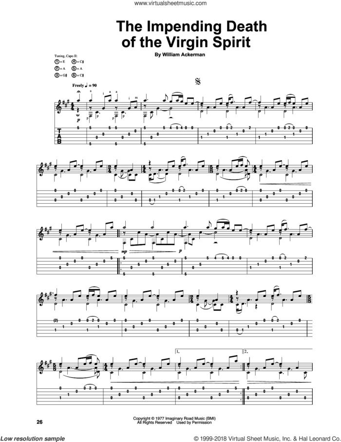 The Impending Death Of The Virgin Spirit sheet music for guitar (tablature) by Will Ackerman and William Ackerman, intermediate skill level