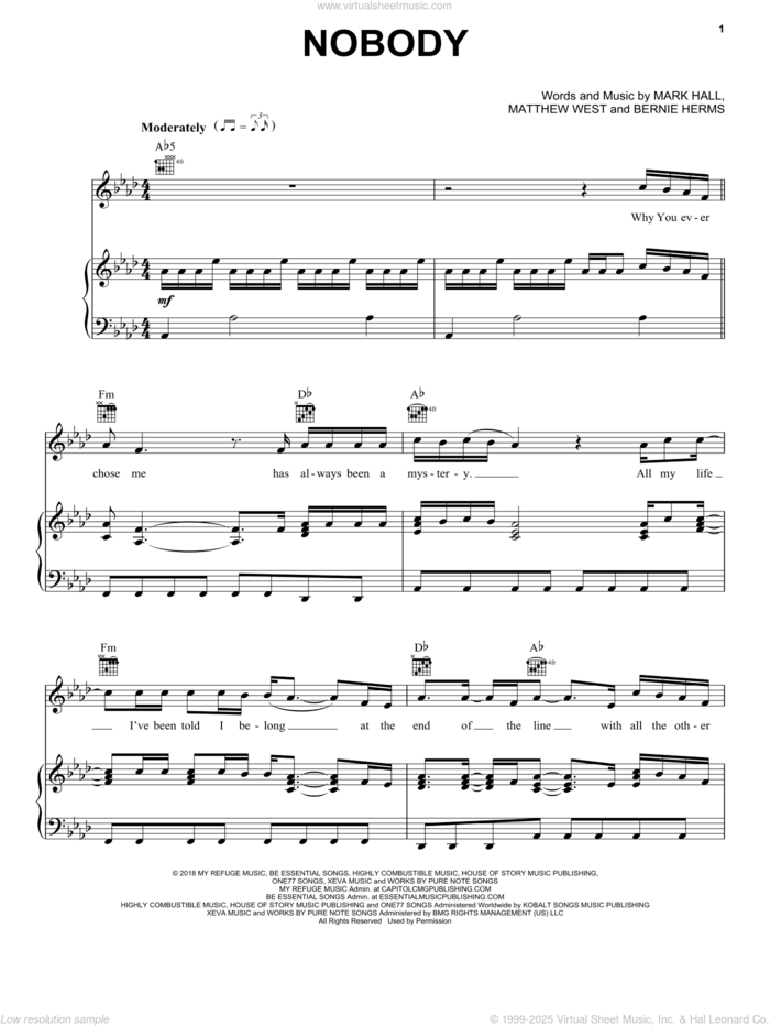 Nobody sheet music for voice, piano or guitar by Casting Crowns, Bernie Herms, John Hall and Matthew West, intermediate skill level