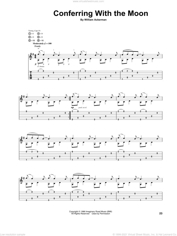 Conferring With The Moon sheet music for guitar (tablature) by Will Ackerman and William Ackerman, intermediate skill level