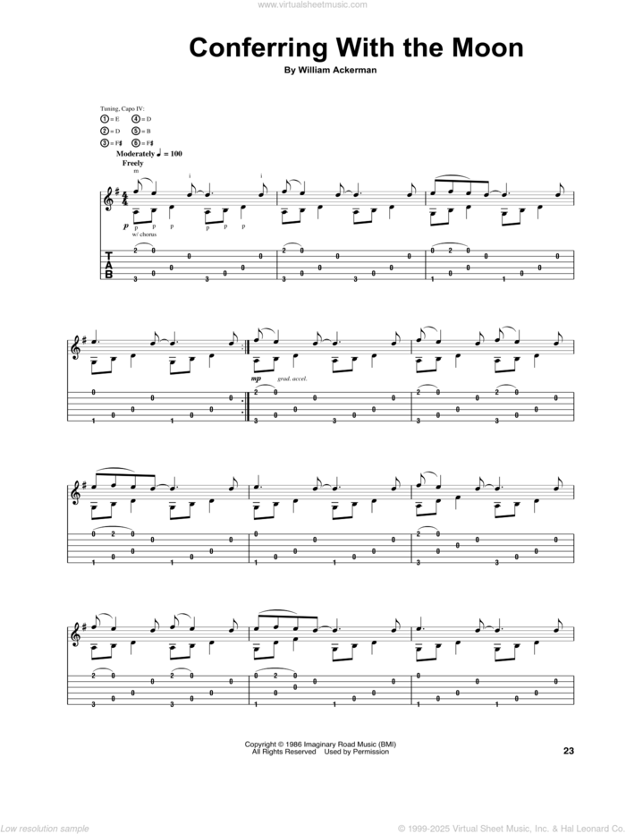 Conferring With The Moon sheet music for guitar (tablature) by Will Ackerman and William Ackerman, intermediate skill level