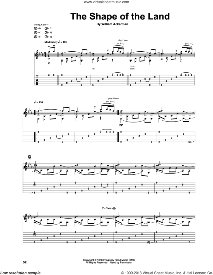 The Shape Of The Land sheet music for guitar (tablature) by Will Ackerman and William Ackerman, intermediate skill level