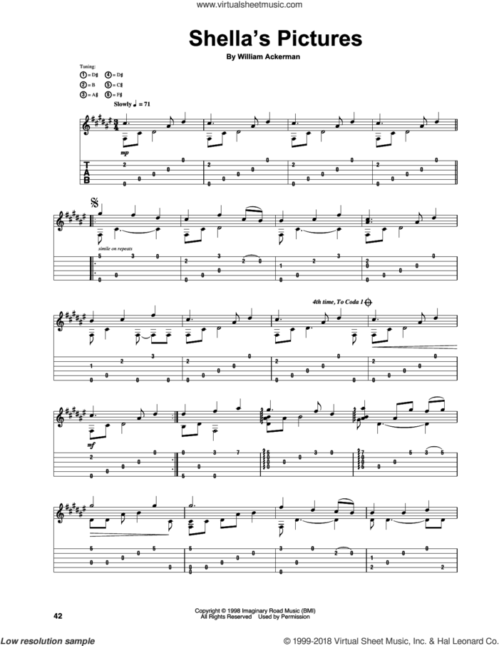 Shella's Pictures sheet music for guitar (tablature) by Will Ackerman and William Ackerman, intermediate skill level