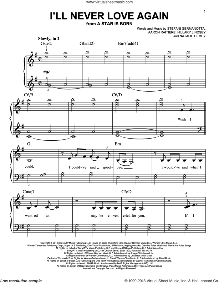 I'll Never Love Again (from A Star Is Born) sheet music for piano solo by Lady Gaga & Bradley Cooper, Bradley Cooper, Lukas Nelson, Aaron Raitiere, Hillary Lindsey, Lady Gaga and Natalie Hemby, easy skill level