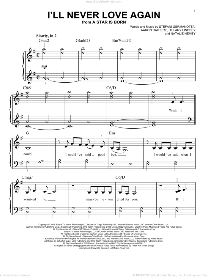 I'll Never Love Again (from A Star Is Born) sheet music for piano solo by Lady Gaga & Bradley Cooper, Bradley Cooper, Lukas Nelson, Aaron Raitiere, Hillary Lindsey, Lady Gaga and Natalie Hemby, easy skill level