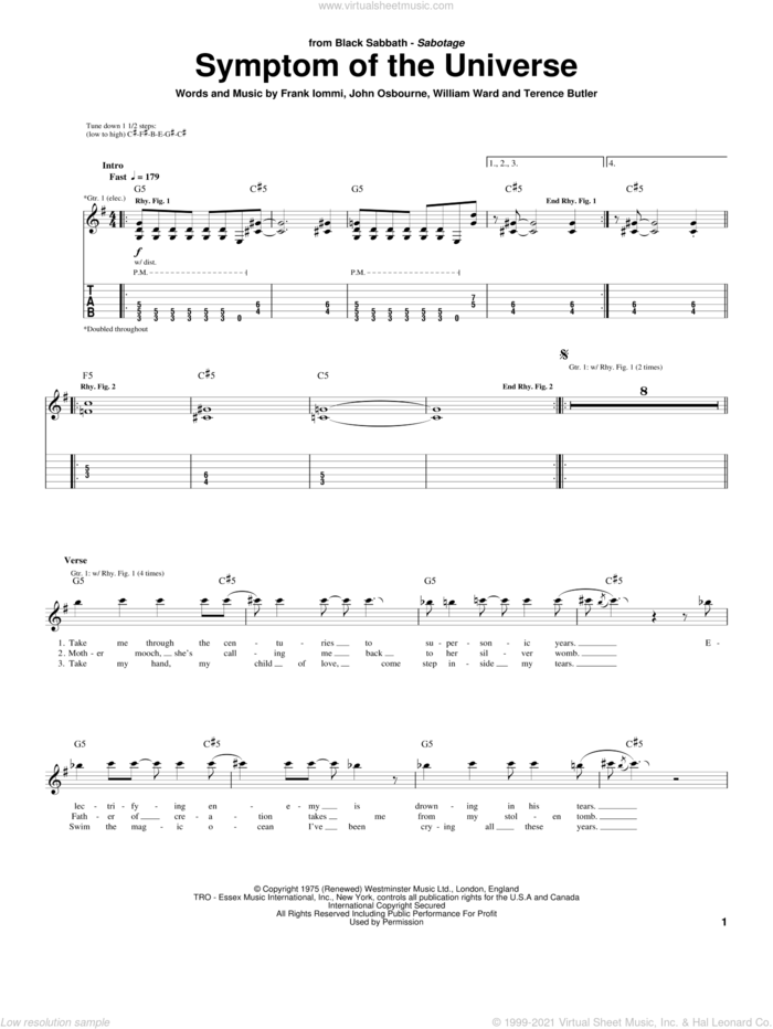 Symptom Of The Universe sheet music for guitar (tablature) by Black Sabbath, Ozzy Osbourne, Frank Iommi, John Osbourne, Terence Butler and William Ward, intermediate skill level