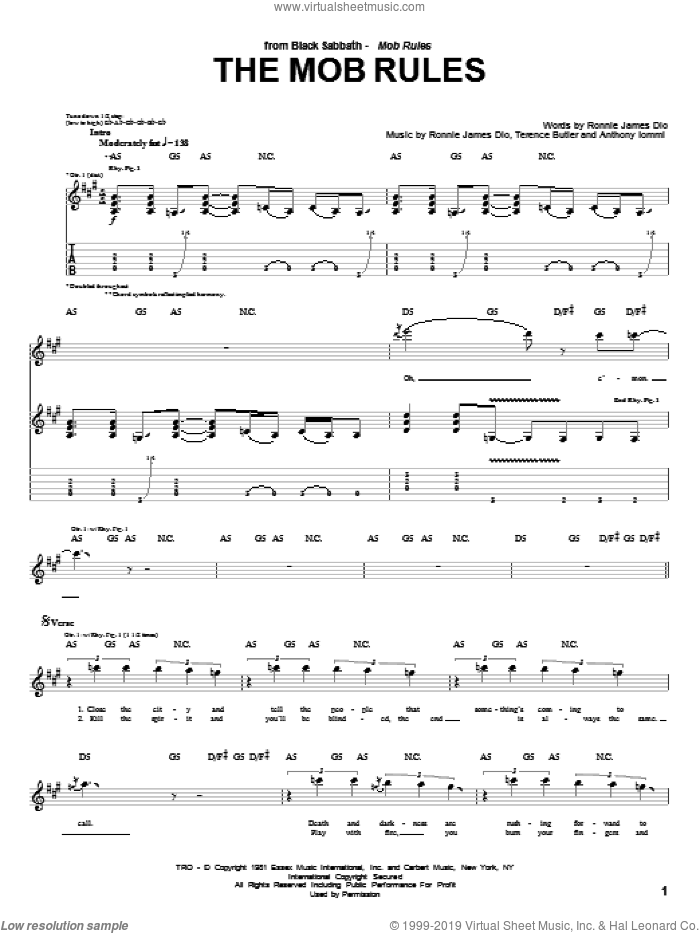 The Mob Rules sheet music for guitar (tablature) by Black Sabbath, Dio, Anthony Iommi, Ronnie James Dio and Terence Butler, intermediate skill level