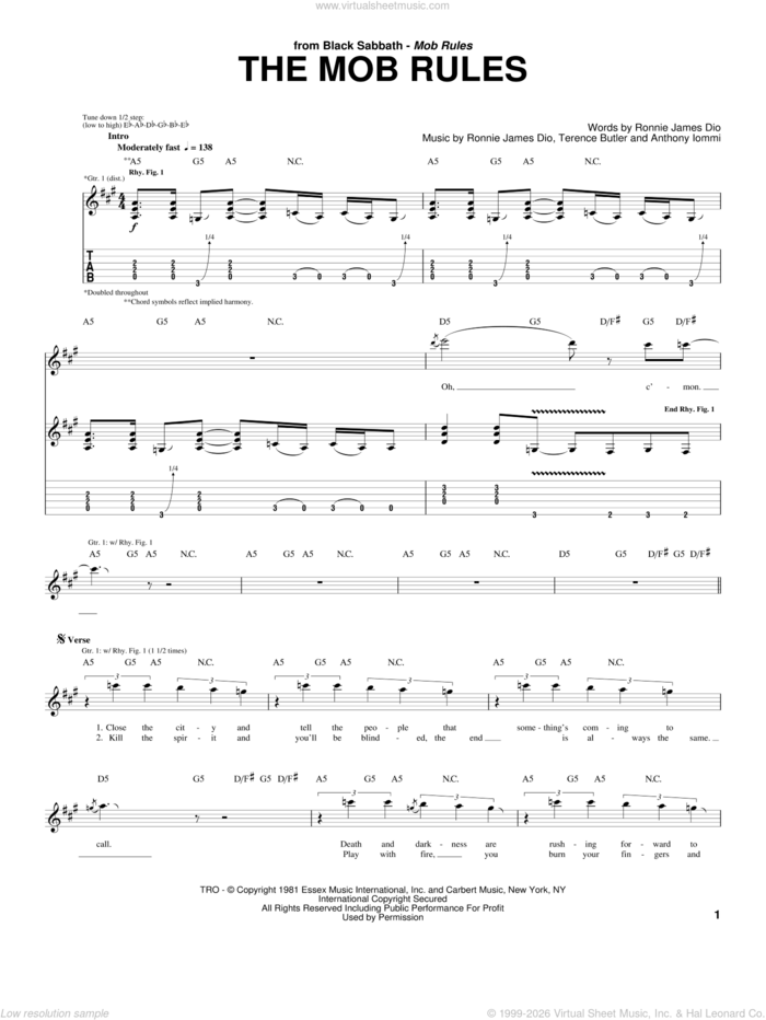 The Mob Rules sheet music for guitar (tablature) by Black Sabbath, Dio, Anthony Iommi, Ronnie James Dio and Terence Butler, intermediate skill level