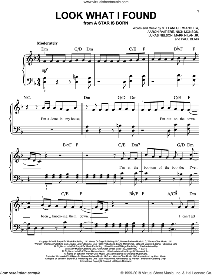 Look What I Found (from A Star Is Born) sheet music for piano solo by Lady Gaga, Bradley Cooper, Aaron Raitiere, Lukas Nelson, Mark Nilan Jr., Nick Monson and Paul Blair, easy skill level