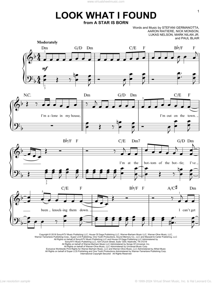 Look What I Found (from A Star Is Born) sheet music for piano solo by Lady Gaga, Bradley Cooper, Aaron Raitiere, Lukas Nelson, Mark Nilan Jr., Nick Monson and Paul Blair, easy skill level