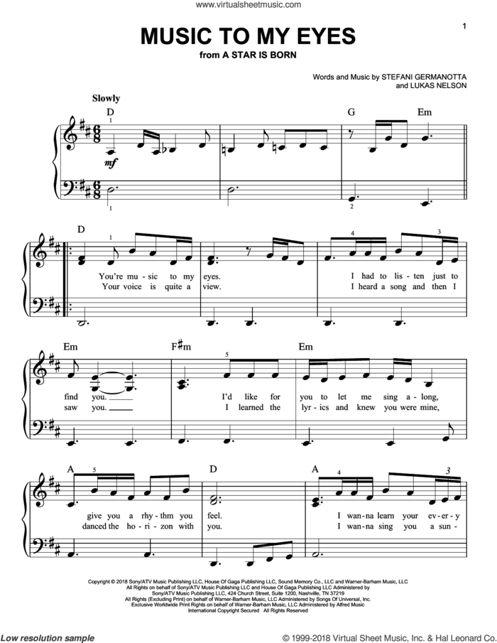 Music To My Eyes (from A Star Is Born) sheet music for piano solo by Lady Gaga & Bradley Cooper, Bradley Cooper, Lady Gaga and Lukas Nelson, easy skill level