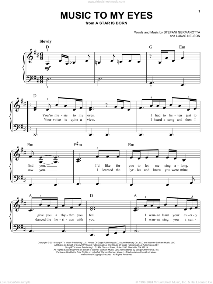 Music To My Eyes (from A Star Is Born) sheet music for piano solo by Lady Gaga & Bradley Cooper, Bradley Cooper, Lady Gaga and Lukas Nelson, easy skill level