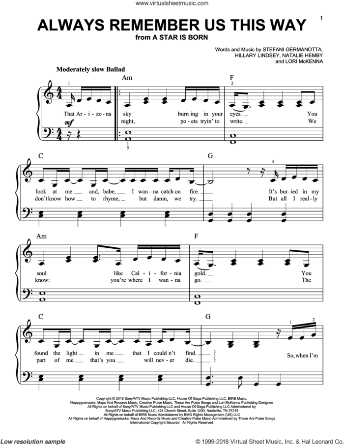 Always Remember Us This Way (from A Star Is Born), (easy) sheet music for piano solo by Lady Gaga, Bradley Cooper, Lukas Nelson, Hillary Lindsey, Lori McKenna and Natalie Hemby, easy skill level