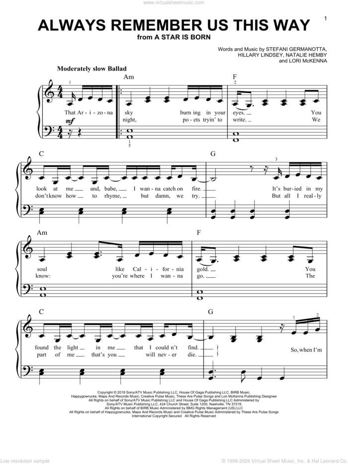 Always Remember Us This Way (from A Star Is Born), (easy) sheet music for piano solo by Lady Gaga, Bradley Cooper, Lukas Nelson, Hillary Lindsey, Lori McKenna and Natalie Hemby, easy skill level