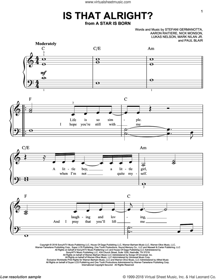 Is That Alright? (from A Star Is Born) sheet music for piano solo by Lady Gaga, Bradley Cooper, Lukas Nelson, Aaron Raitiere, Mark Nilan Jr., Nick Monson and Paul Blair, easy skill level