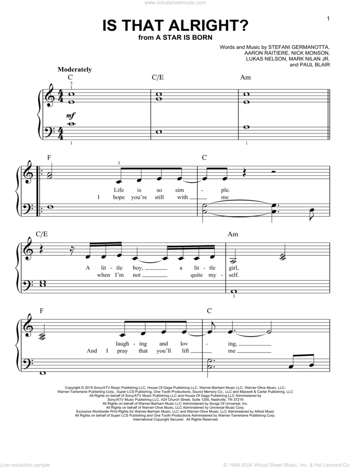 Is That Alright? (from A Star Is Born) sheet music for piano solo by Lady Gaga, Bradley Cooper, Lukas Nelson, Aaron Raitiere, Mark Nilan Jr., Nick Monson and Paul Blair, easy skill level