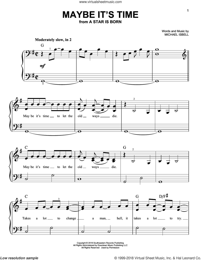Maybe It's Time (from A Star Is Born) sheet music for piano solo by Bradley Cooper, Lady Gaga, Lukas Nelson and Michael Isbell, easy skill level