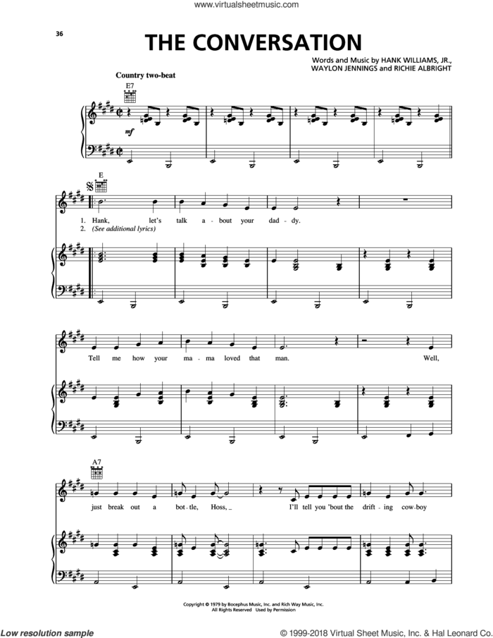 The Conversation sheet music for voice, piano or guitar by Hank Williams, Jr. & Waylon Jennings, Hank Williams, Jr., Richie Albright and Waylon Jennings, intermediate skill level