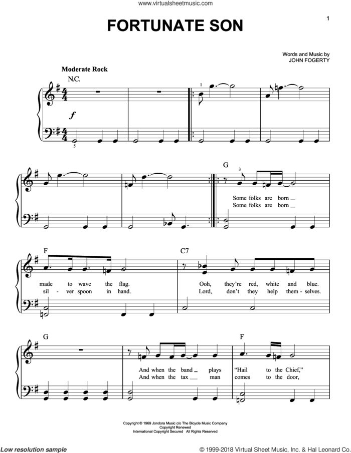 Fortunate Son sheet music for piano solo by Creedence Clearwater Revival and John Fogerty, easy skill level