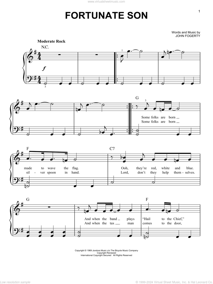 Fortunate Son, (easy) sheet music for piano solo by Creedence Clearwater Revival and John Fogerty, easy skill level