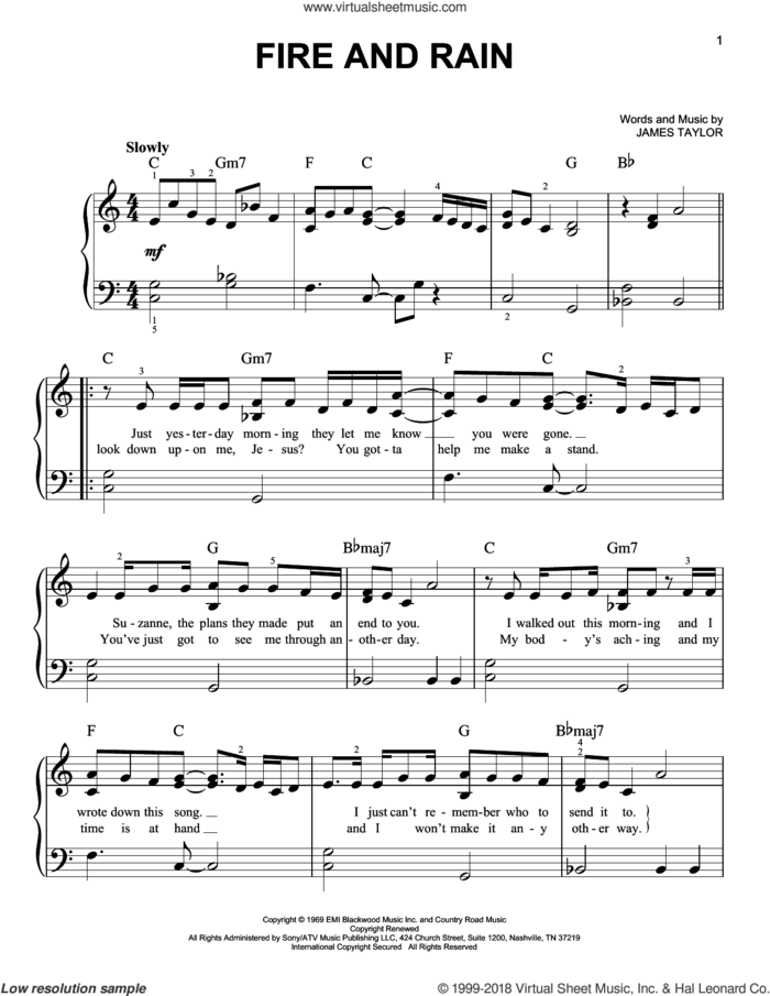 Fire And Rain sheet music for piano solo by James Taylor, easy skill level