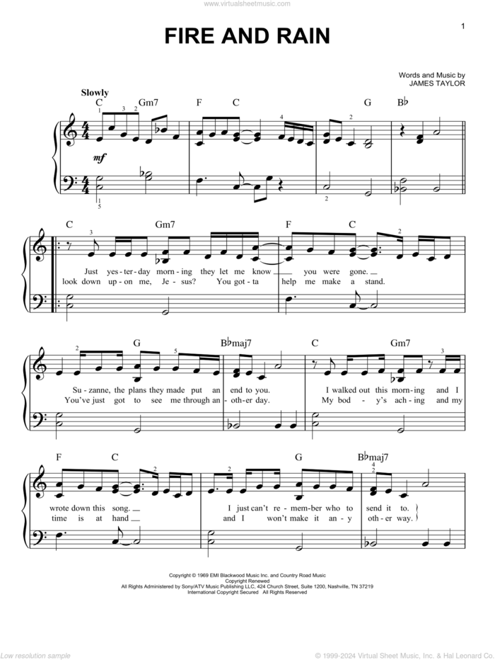 Fire And Rain sheet music for piano solo by James Taylor, easy skill level